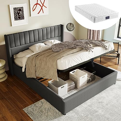 Pawom - Cama con somier de láminas, cama acolchada hidráulica de 160 x 200 cm con somier de láminas, cama con gran espacio de almacenamiento, cabecero acolchado, tejido de lino gris con colchón
