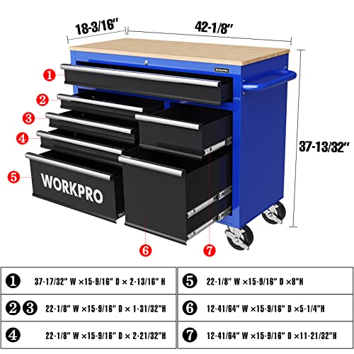 Image of WORKPRO 42-Inch 7-Drawers Rolling Tool Chest, Mobile Tool Storage Cabinet with Wooden Top, Equipped with Casters, Handle, Drawer Liner, and Locking System, 1000 lbs Load Capacity