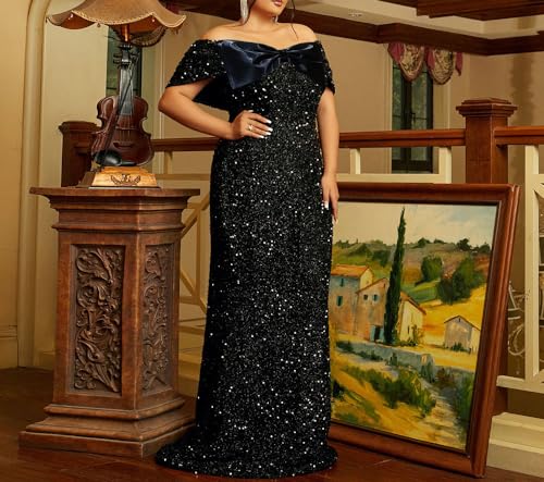 Women's Sexy Off Shoulder Short Sleeve Sequin Floor Length Bodycon Cocktail Evening Gown Party Maxi Dress3