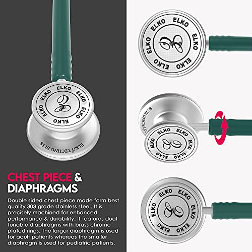 Image of ELKO EL-170 TECHNO III SS Stainless Steel Acoustic Stethoscope | Adult & Pediatric Stethoscope With Double Sided Chestpiece | Two-Way PVC Tubing | Doctors & Medical Students (Green)
