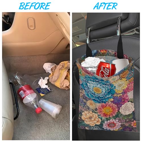 Image of Car Trash Bag Hanging Blooming Flowers Car Trash Can Waterproof Garbage Bag Hanging for Car Back Seat