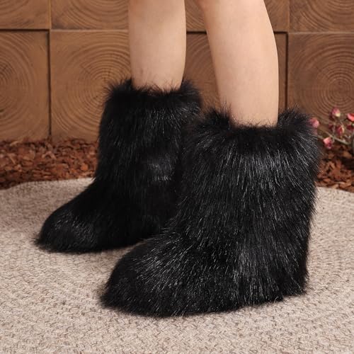 Women Faux Fur Furry Boot Fluffy Mid Calf Snow Boots Round Toe Suede Comfy Warm Flat Shoes Winter For Girl2