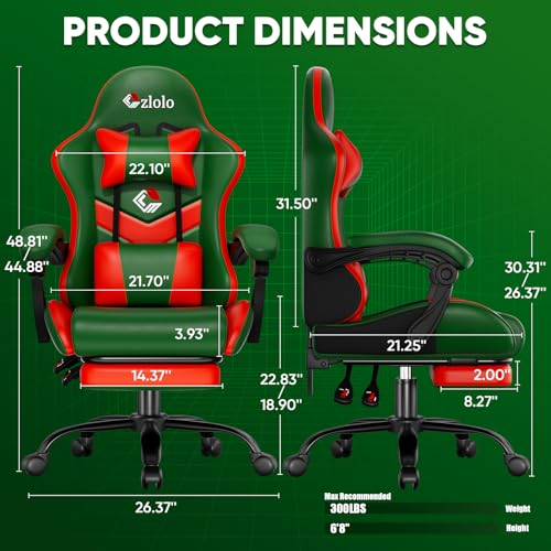 Image of Czlolo Gaming Chair, Lumbar Support Massage Computer Chair, High Back Gamer Chair, with Footrest and Headrest, Lumbar Pillow, Recline, Wide Seat, Gaming Chairs for Christmas /Birthday Gifts, Green