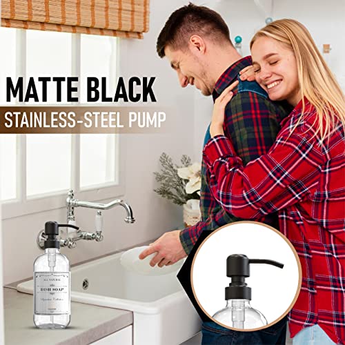 Image of Sunrise Premium 2 Pack Clear Glass Soap Dispenser 16 OZ with Matte Black Stainless Steel Pump, Hand and Dish Soap Dispenser Set for Bathroom and Kitchen Sink with 6 Waterproof Labels