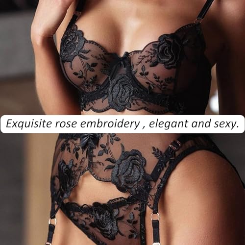 Ensemble Lingerie Sexy Brodé Dentelle Florale Femme avec Porte-Jarretelles 3 Pièces Soutien-Gorge Armatures Culotte Taille Haute Maille Transparente Col V Nuisette Coquine Bretelles sous-Vêtements – Image 4