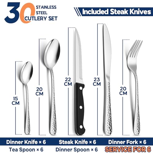 Onader 30 Piece Cutlery Set with Steak Knives, Stainless Steel Hammered Flatware Set Service for 6, Elegant Knives Forks Spoons for Kitchen Party Christmas, Mirror Polished & Dishwasher Safe - Image 2