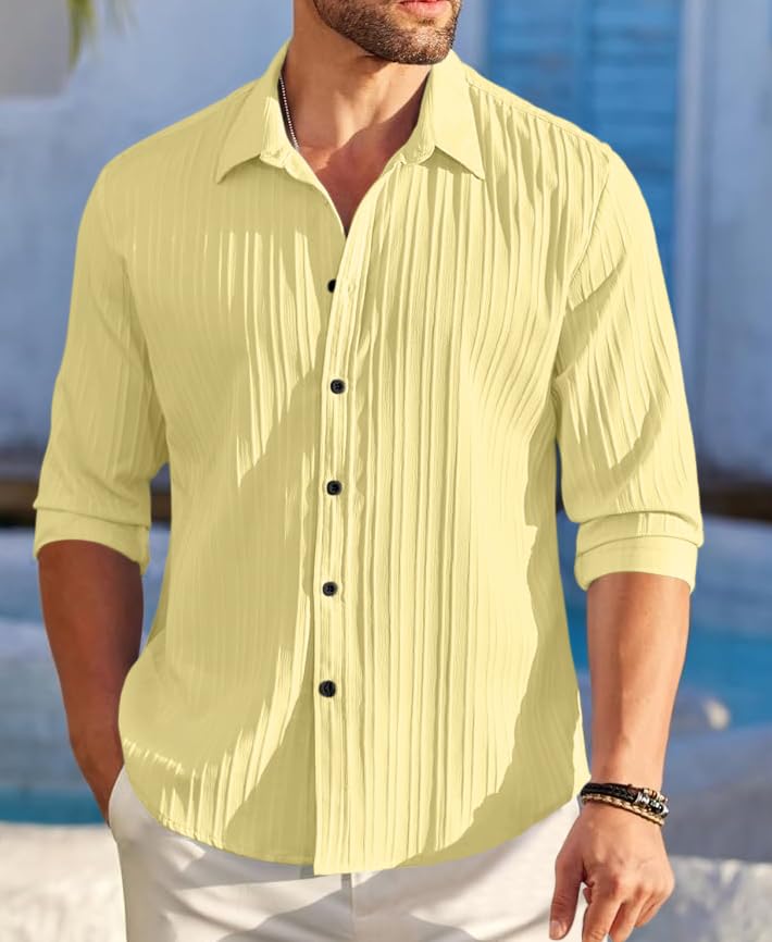 Image of FINIVO FASHION Men's Casual Cotton Plain Button Down Shirt Long Sleeve Textured Summer Beach Shirt for Men