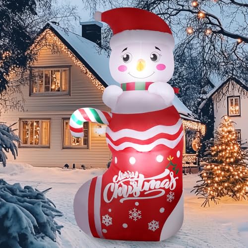 NUZEKY Christmas Inflatable Outdoor Decorations: 8FT Blow Up Snowman in Socks with Built-in LED Lights for Christmas Yard Garden Lawn Holiday Decor