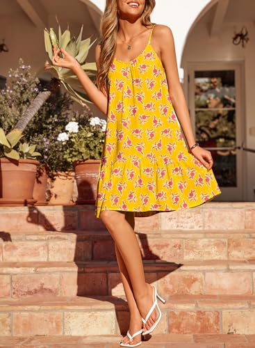Image of Dokotoo Summer Dresses for Women 2026 Spaghetti Strap Sexy Deep V Neck Smocked Ruffle Flowy Boho Dresses