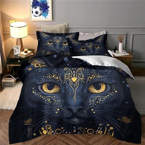 Housse de couette chat noir 140x200cm lit enfant avec parure de lit microfibre 3D