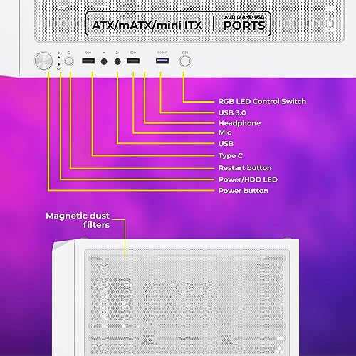 Image of ZEBRONICS Hornet Mid-Tower Premium Gaming Cabinet -, ATX, 4 ARGB Fan, LED Control Switch, Window Tempered Glass Panel, USB 3.0, Top AIO Cooler Support, Magnetic Dust Filter (White)