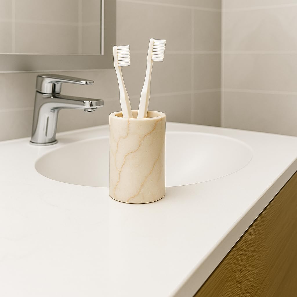 Creative Home Naturalny szampański marmur Fenway Collection uchwyt na szczoteczkę do zębów uchwyt na pędzle do makijażu łazienkowy organizer na blat, średnica 8,4 cm x 10,9 cm wys., beżowy