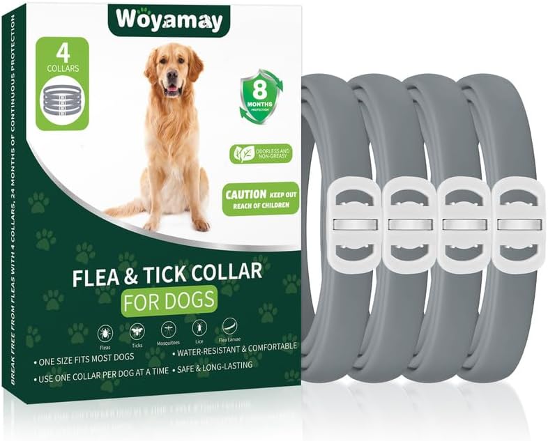 4 Pack Flea Collar for Dogs, 32 Months Flea and Tick Prevention for Dogs, Dog Flea and Tick Treatment, Adjustable Dog Flea and Tick Collar for All Breeds and Size, Grey