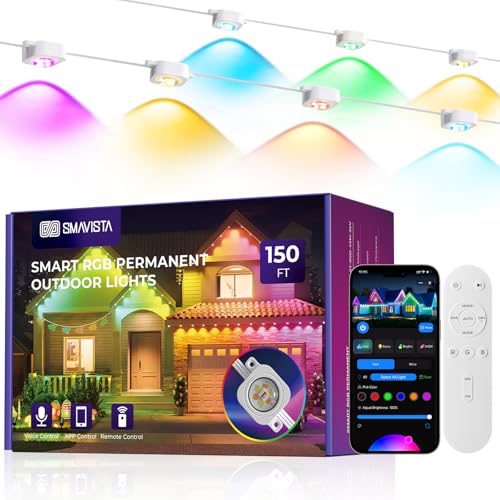 Smart Permanent Outdoor Lights Pro, 150ft 90LED RGB+IC+Warm/Cool White for Daily, 100+ Scene Modes, Waterproof Eaves Light for Halloween Christmas Decor, Works with Alexa, Google Assistant