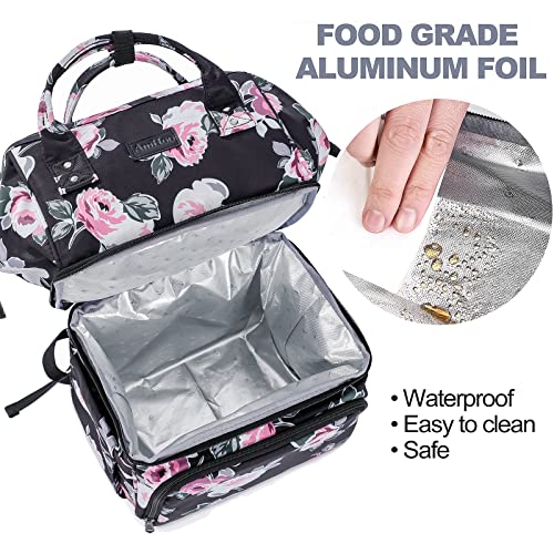 Image of AmHoo Insulated Lunch Box Cooler Backpack Waterproof Leak-Proof Lunch Bag Tote for Men Women Hiking Beach Picnic Trip with Strongest YKK Zipper Rose Flower Pattern
