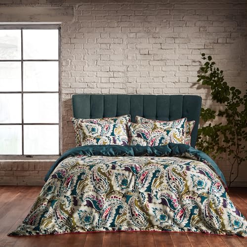 EW by Edinburgh Weavers Aretha Duvet Set – Paisley Design Cotton Sateen Bedding, 200 Thread Count (Teal/Olive – King)