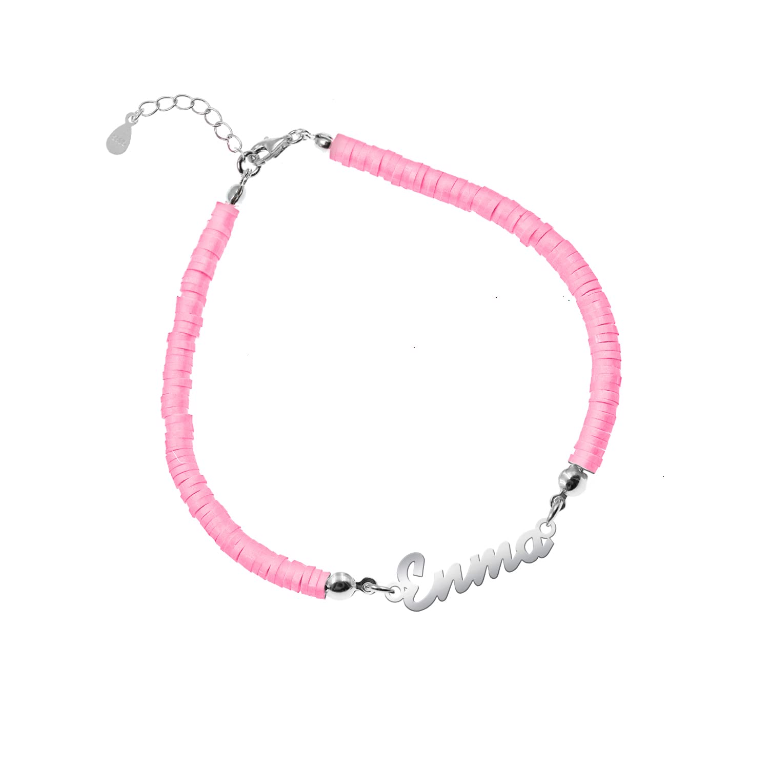 Pulsera Personalizada con Nombre de Plata de Ley y Arcilla Polimérica de Colores- Regalo para mujer hija nieta (Rosa chicle)