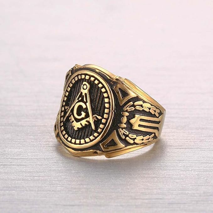 Mason Zone™ Gold Color Freemason Ring - stainless steel with classic center design, pin stripes, etched tool symbols (Masonic Rings)