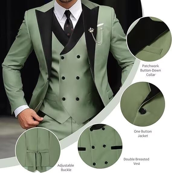 SAROULU 3 Piece Men's Suit Slim Fit Men Tuxedo Suit for Party Wedding Prom Business One Button Blazer Jacket Vest Pants Set2