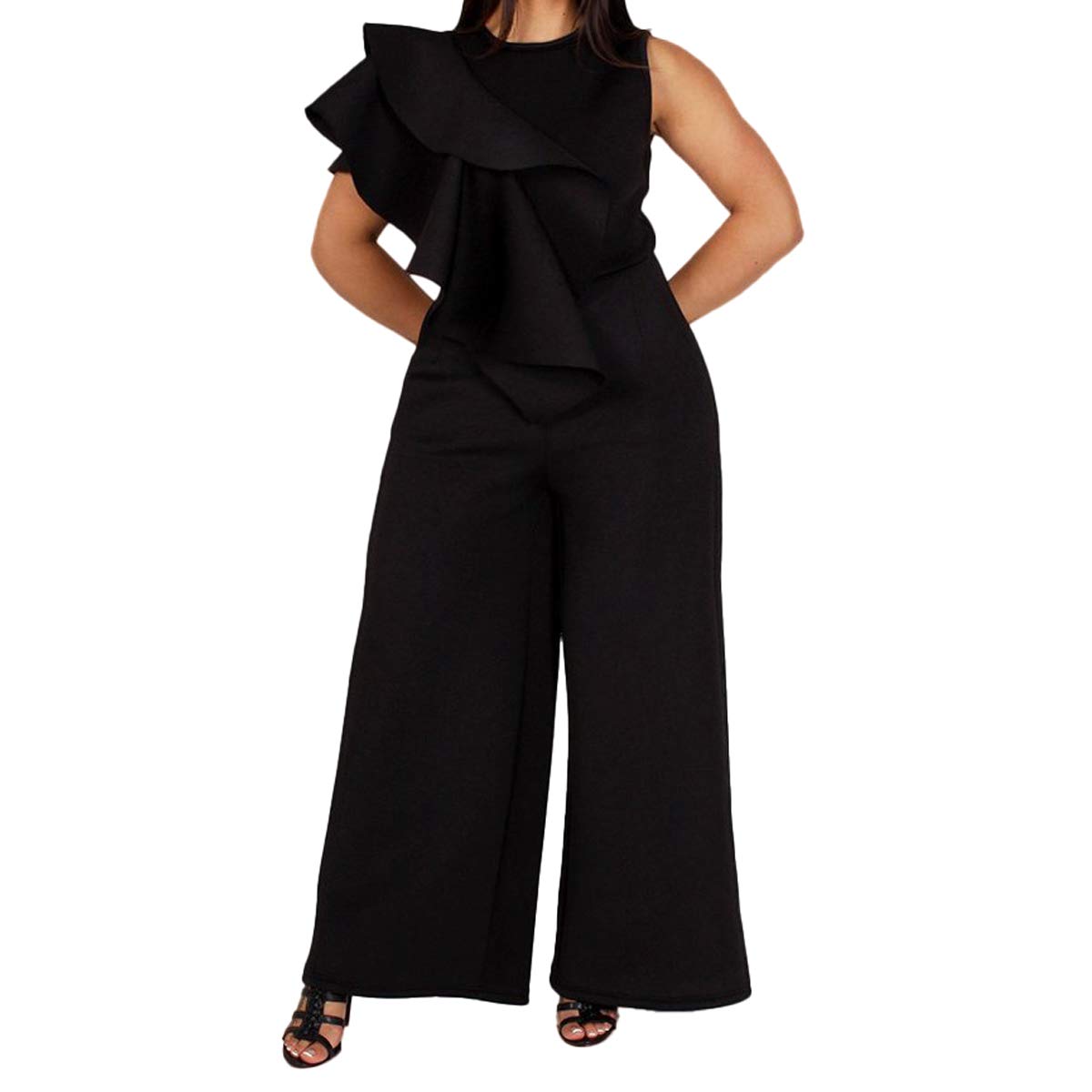 VERWINPlus Size Ruffle Plain Full Length Loose Sleeveless Women's Jumpsuit Asymmetric Falbala Woman Romper