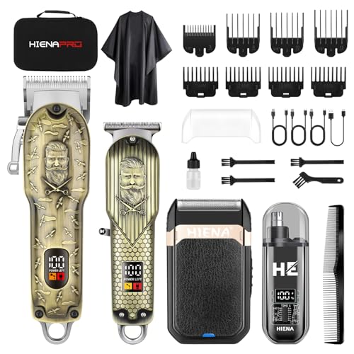 HIENA PRO Juego de cortadora de pelo profesional para hombres, cortadora de pelo inalámbrica, afeitadora de barba y nariz, kit completo de aseo eléctrico, kit de corte de pelo, recargable por USB