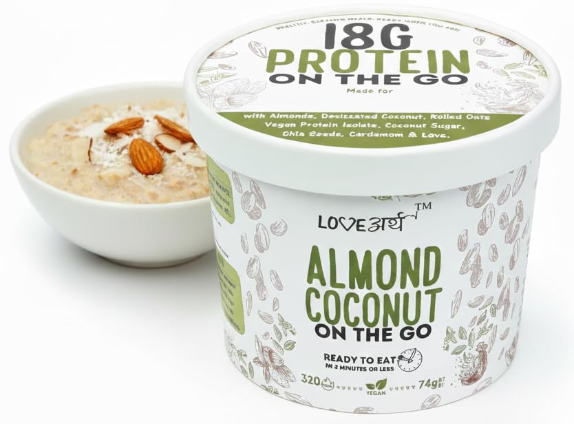 LoveArth 18g Protein On The Go Almond Coconut | High Protein Breakfast | Protein Snack | Overnight Oats - Ready to eat in 3 minutes (Only 7 Ingredients- 320kcal 74g/Cup)