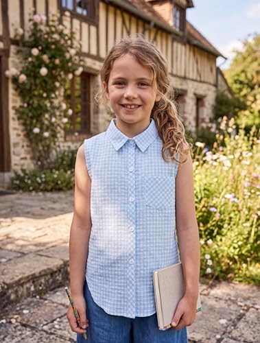 Image of Girls Plaid Sleeveless Button Down Shirt Summer Crop Tops Tie Knot Blouse Tank Tops 4-13Y