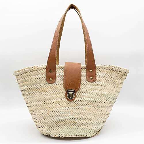 Bolso de paja con asas de cuero estilo canasto francés miniatura 5