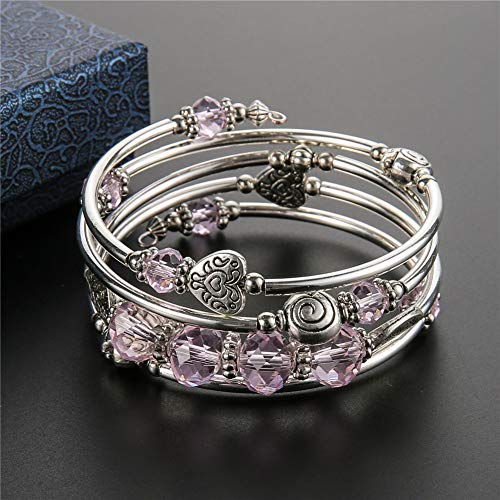 PEARL&CLUB Bead Crystal Wrap Bangle Bracelet - Fashion Jewelry Beaded Bracelet with Silver Metal, Gifts for Women(23-Pink) - Image 6