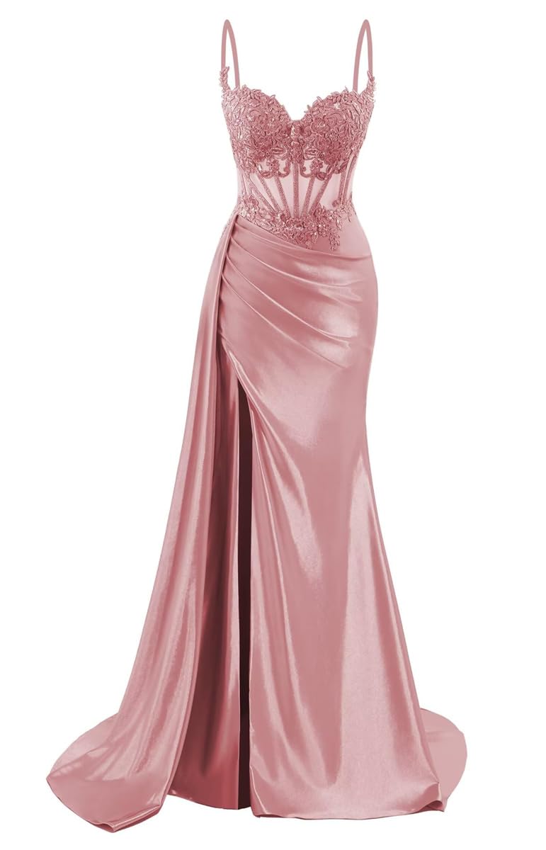 Women's Satin Bridesmaid Dresses for Wedding with Slit Mermaid Prom Gowns Cocktail Dresses Plus Size HLSA239 Dusty Rose UK8