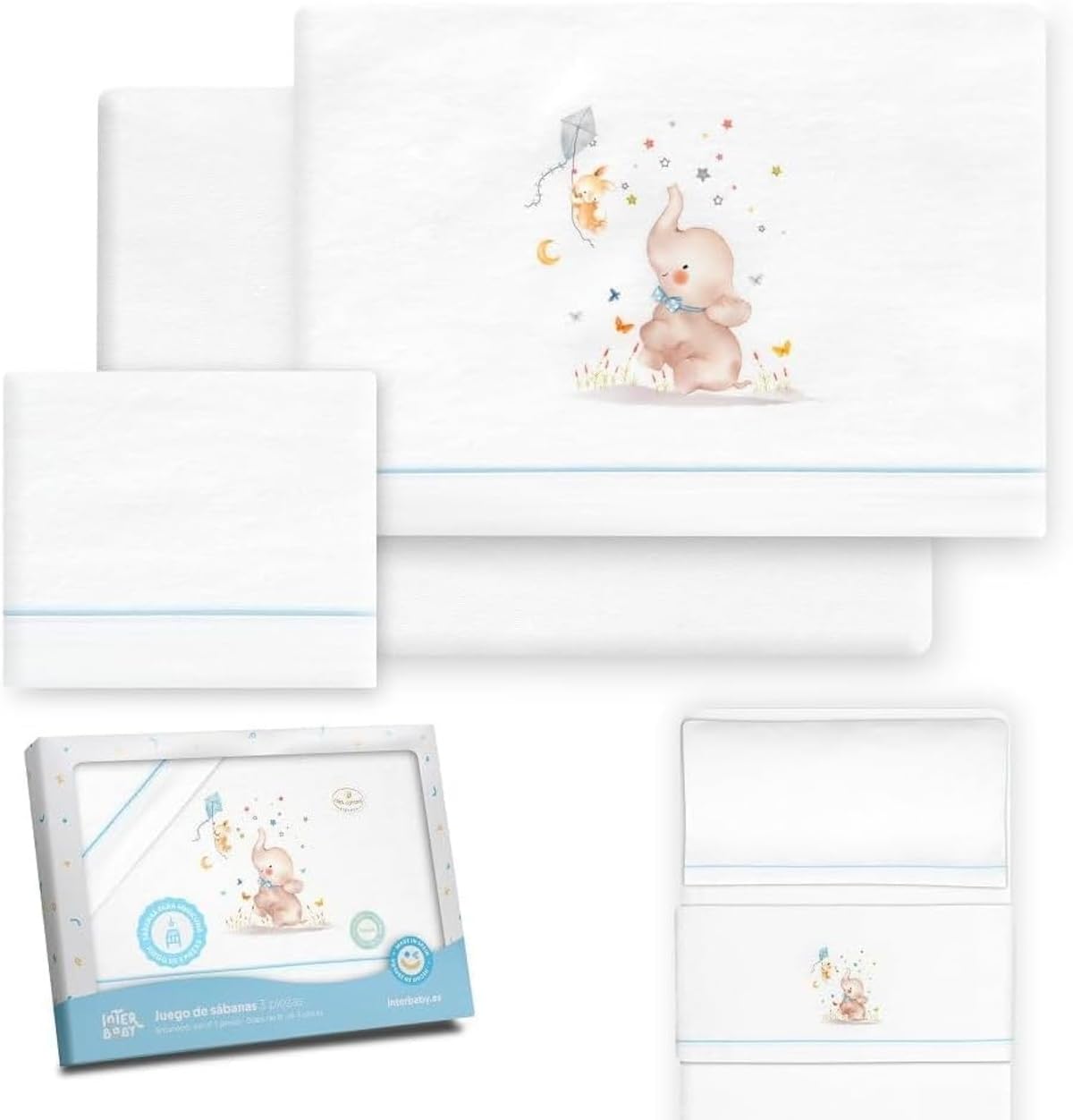 Danielstore - Juego de Sábanas para Cuna 60 x 120 cm Bebé - Sábanas de Invierno Tejido Franela - Modelo Elefante - Incluye Sábana Bajera + Sábana Encimera + Funda Almohada (Elefante Azul)