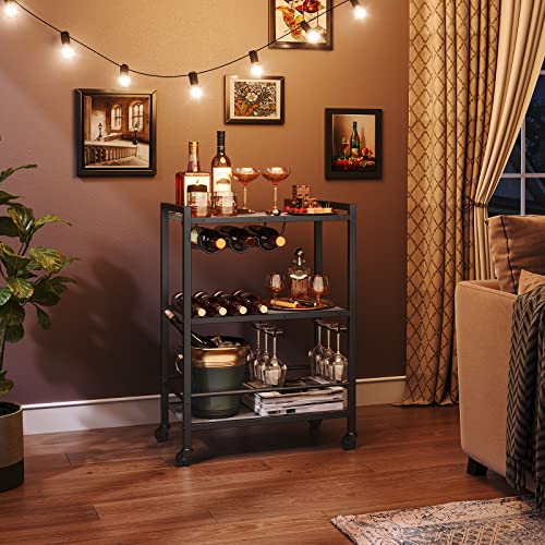 Hoobro Bar Cart For The Home, 3-Tier Serving Cart On Wheels, Kitchen Cart With Wine Rack And Glass Holder, Rolling Beverage Cart For Living Room, Party, Bar, Greige And Black Bg35Tc01G1 #TOP1