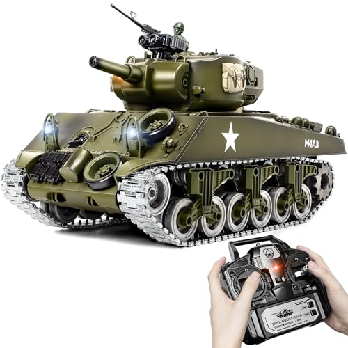 DBshoot 1/18 Alloy Metal M4A3 Sherman RC Tank, 2.4 GHz Remote Control Tank with Smoke, Sound and LED...