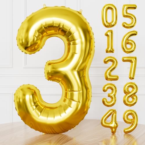 Adeyoo Gold Number 3 Balloon, 40 Inch Foil Number Balloons Giant 3 Balloon