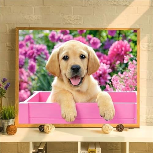 Peinture Diamant 5D Strass Carrés Couverture Totale Motif Chien et Fleurs 100x130cm