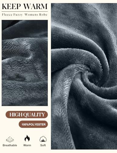 Niwicee Albornoz Mujer Invierno Bata Polar Larga Albornoz con Capucha Suave Bata de Casa Señora Ropa De Dormir con Cinturón Bolsillos(Gris,M) - imagen 6