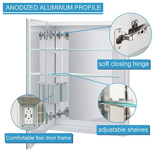 Fundin Lighted Medicine Cabinet With Led Light, Defogger, Dimmer, Outlet And Usb Charger, Recessed Or Surface Mount, Aluminum Material,20W X 25.6H Inch #TOP5
