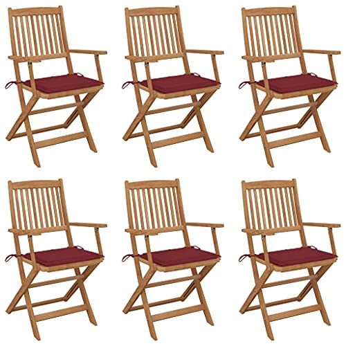 Homgoday Sillas de jardín Plegables 6 uds y Cojines Madera Maciza Acacia sillones de Jardin sillas Jardin Exterior sillas terraza Exterior sillas Modernas Jardin Rojo Vino Tinto