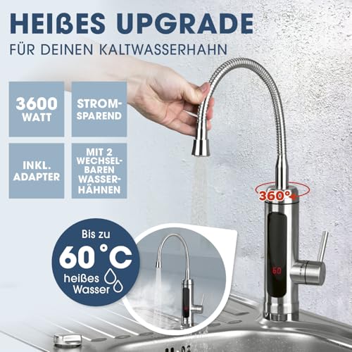 MAXXMEE Elektrische Edelstahl Armatur plus integrierter Durchlauferhitzer | Wasserhahn mit Heizspirale & LED Temperaturanzeige | 2 wechselbare Wasserhähne | über 60 °C warmes Wasser ohne Vorheizen