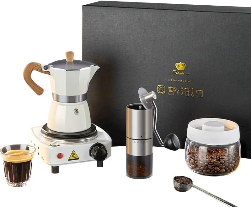 7-in-1 Moka Pot Espresso Set, Stovetop Coffee Maker with Hand Grinder Electric Stove Spoon Sealing Canister Italian Moka Pot Espresso Maker for Holiday Gifts Travel Family Gatherings (White)