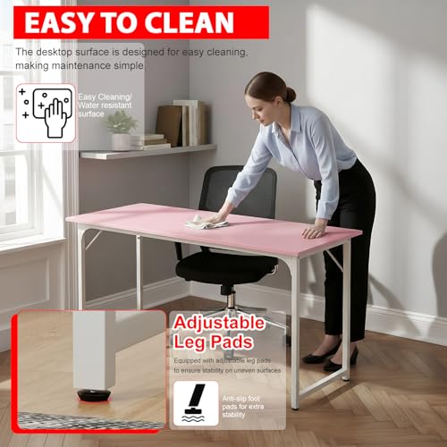 Image of PayLessHere | 55 Inch Computer Desk | Pink | Office Desk with Metal Frame, Adjustable Feet | Water-Resistant, Scratchproof Surface | Sturdy Writing Table for Home Office or Study | Pack of 1