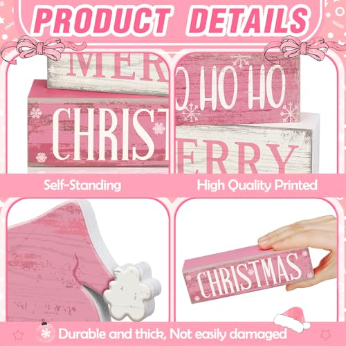 Image of Moucuny 4 Pcs Christmas Table Decorations Pink Santa Hat Decor Christmas Tiered Tray Decor Rustic Wood Pink Hat Block Sign Gift Xmas Table Centerpiece Farmhouse for Home Shelf Kitchen Decorations