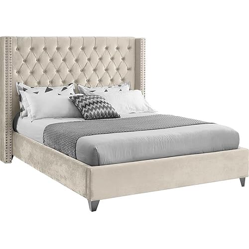 Meridian Furniture Aiden Collection Modern | Contemporary Velvet Upholstered Bed with Deep Button Tufting, Solid Wood Frame, and Custom Chrome Legs, Queen, Cream