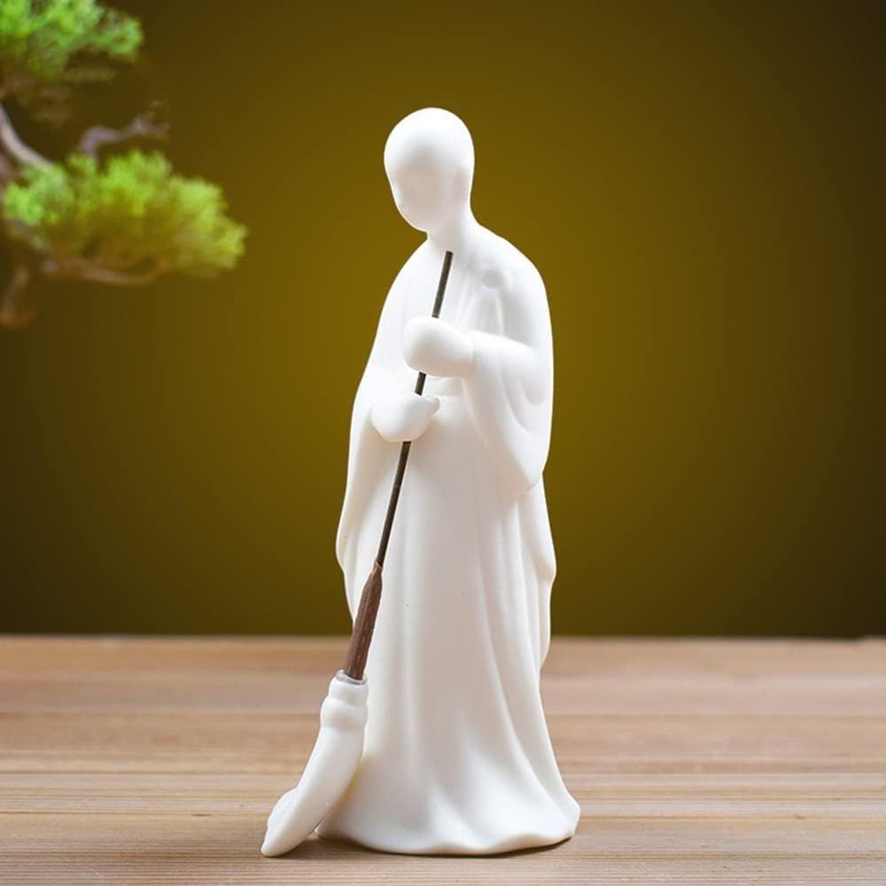 YUZDNM Buddha Monk Statue, Meditation Sweeper Zen Monk Figure, White Ceramic Monk Crafts for Home Office Decor, Bonsai Decor Supplies
