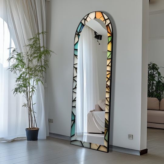 23,5’’W x 67’’H Soft Color Style – Mosaic Floor Mirror Arched Full Lenght Mirror - Arch Full Body Stained Floor Mirror with Black Frame with Black Frame
