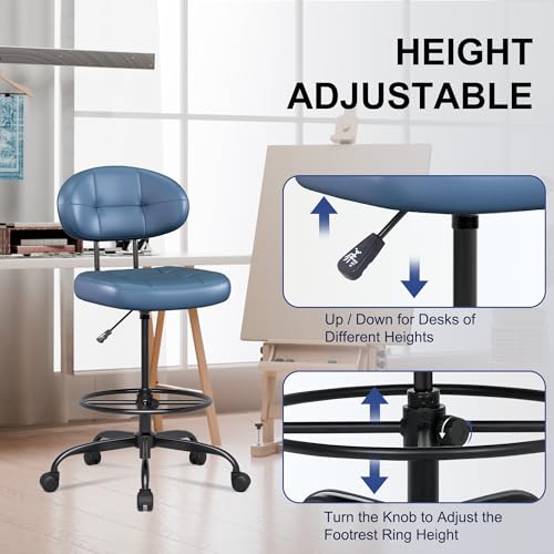 Image of Misolant Drafting Chair Without Arms, Tall Office Chair with Footrest Ring for Standing Desk, Small Faux Leather Executive Chair with Adjustable Height for Bar Lab Counter Height Desk, Navy Blue