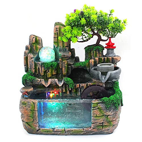 Fuente de habitación, cascada, fuente de mesa, decoración de agua con lámpara LED, efecto atomizador, escritorio, pequeño jardín de piedra para salón, dormitorio, decoración de oficina