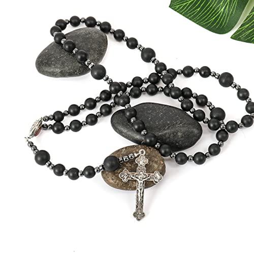 Alternative view of Nazareth Store Black Agate Beads Rosary Necklace Matte Natural Beaded Catholic Men Rosary with Hematite Stones Holy Soil Medal and Cross