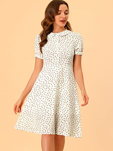 Image of Allegra K Women's Peter Pan Collar Tie Neck Short Sleeves A-Line Elegant Belted Vintage Floral Dress