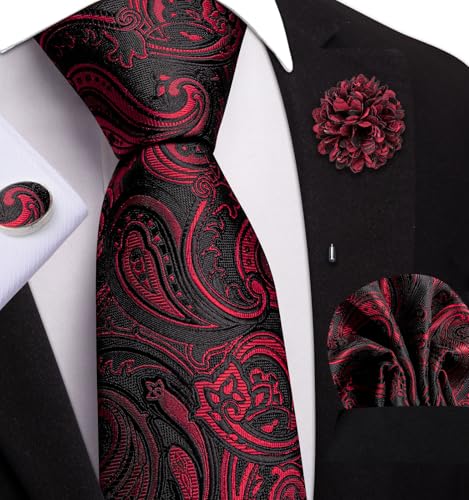 Image of Dubulle Mens Tie and Lapel Pin Paisley Striped Floral Necktie for Men Pocket Square Cufflinks 4PCS Set Wedding Party